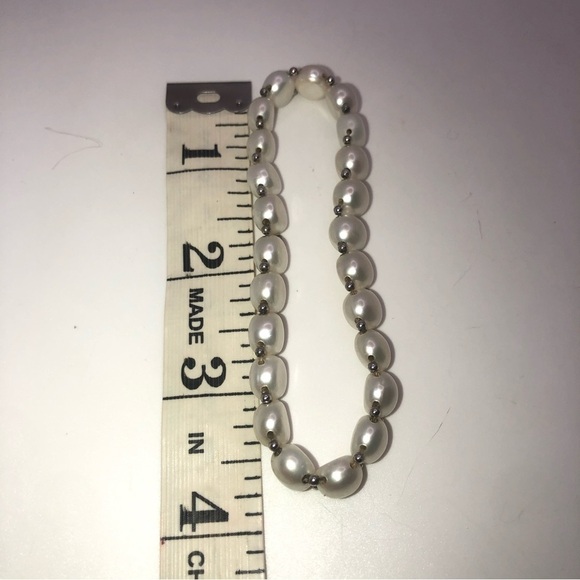 Real Freshwater Pearl & Round Metal Bead Accent Stretch Bracelet 7” - Picture 3 of 3